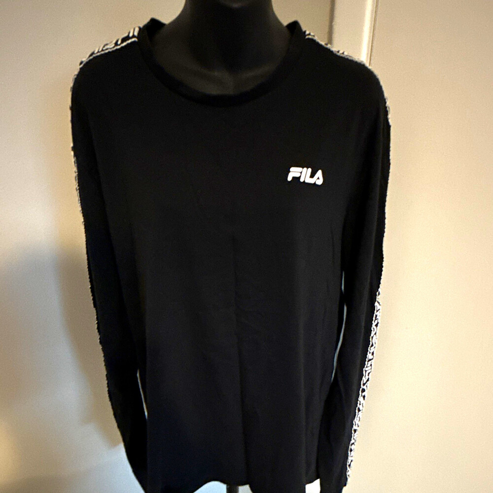 FILA Men’s XL Long Sleeve Shirt Black White Tape Logo Sleeves Crewneck Crew Neck